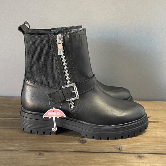 Blondo Shoes - Blondo Garnet Waterproof Boots Women's Size 9.5M Black Leather Lug Sole Moto